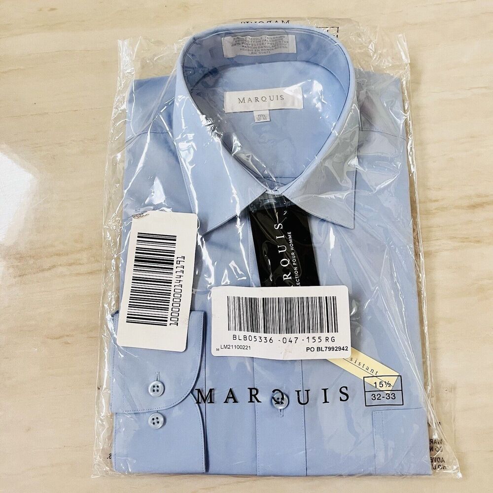 Marquis Wrinkle Resistant Dress Shirt 15 1/2 32-33 Light Blue Cotton Blend Reg